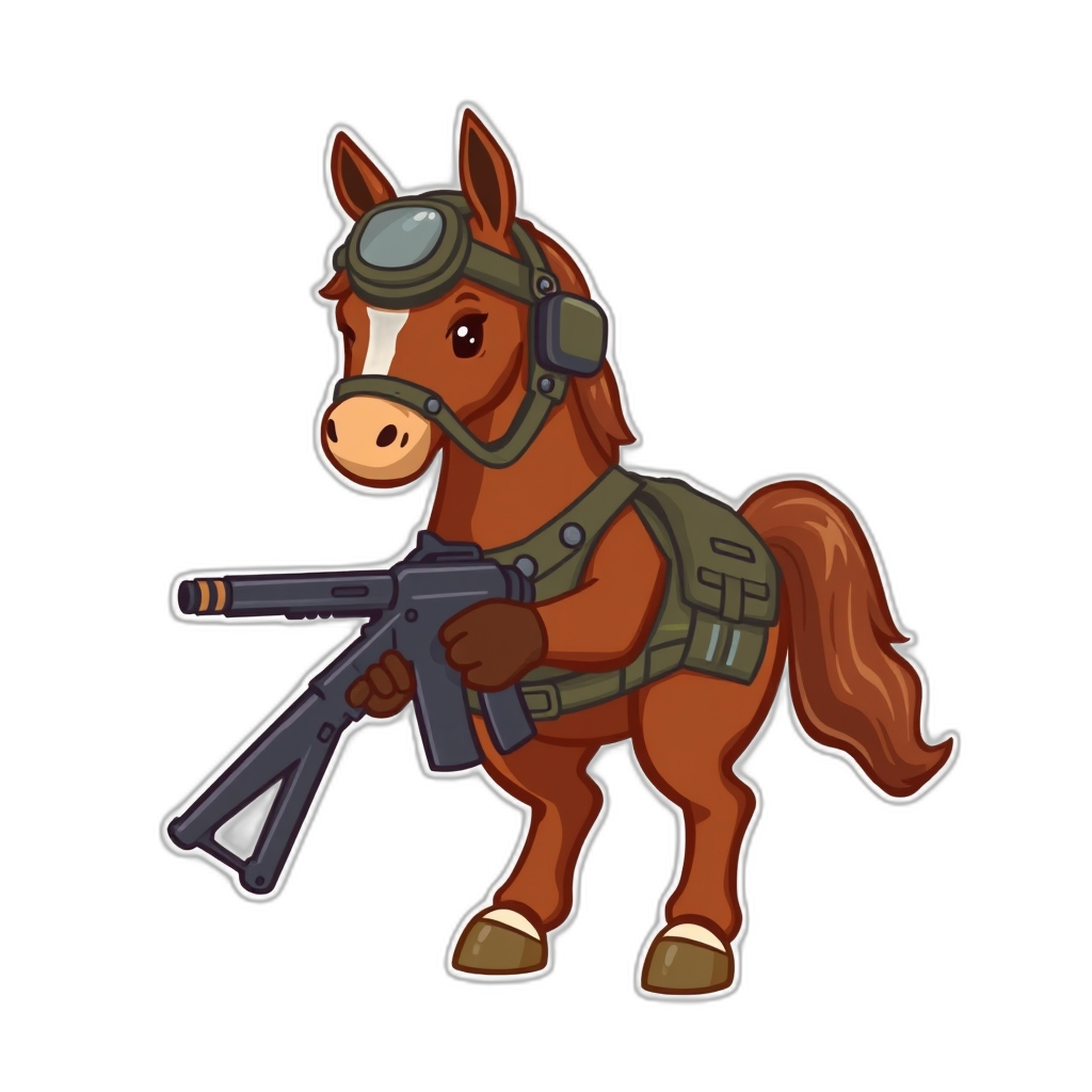 liverchestnut horse holding a gun wearing combat gear

