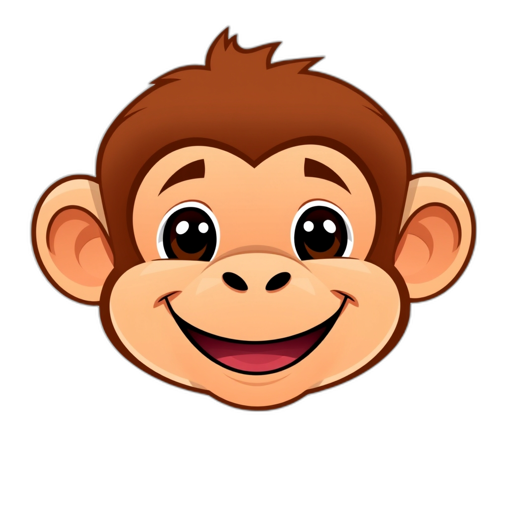 A friendly, cartoon-styled face of a monkey, looking straight ahead. Depicted as a brown-haired monkey with a tan or pinkish face, round ears, nostrils, and open-mouthed grin.