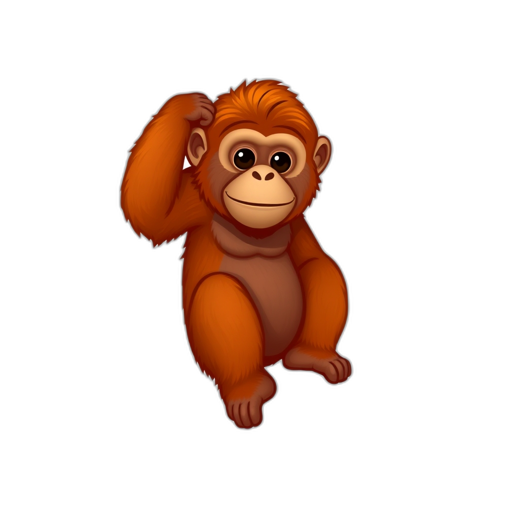 An orangutan, the orange-haired ape with long arms. Depicted facing forward, with a long broad face and sitting with its legs bent. Occasionally shown scratching its head. Color varies across platforms, ranging from orange to light brown.