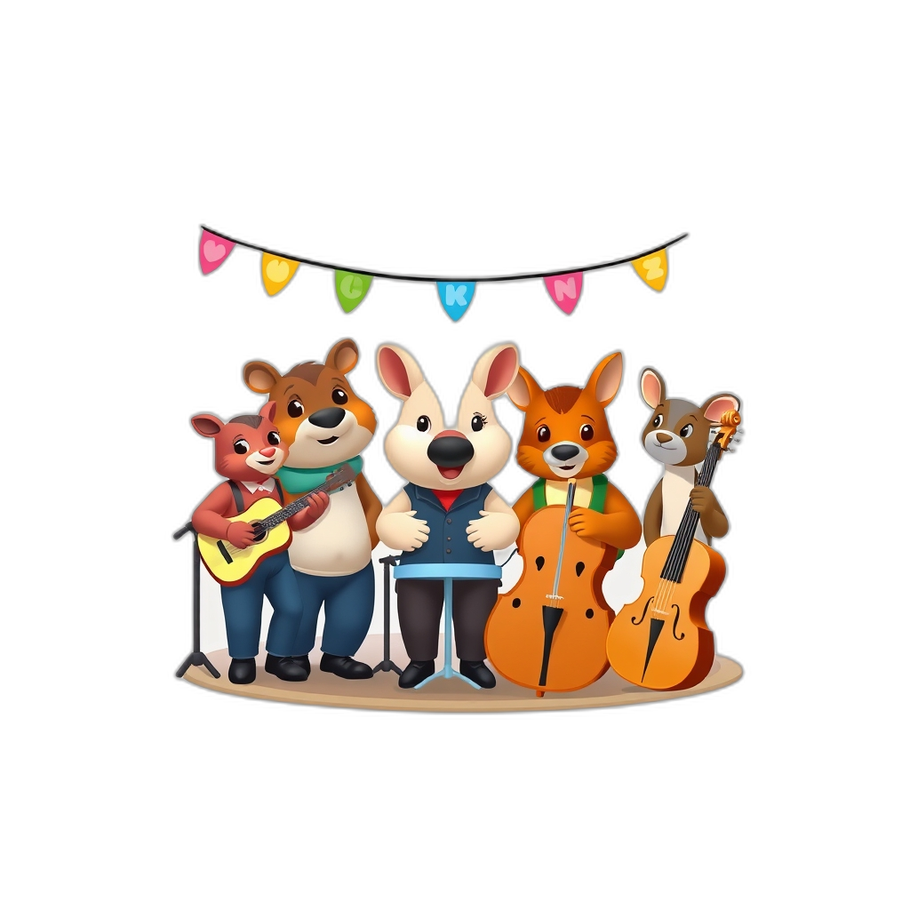  🐒🕺💃🏽🕴️‍♂️🐴 
Create a scene where a group of animal musicians in Bremen are getting ready to perform at a lively music festival, 🐒🕺💃🏽🕴️‍♂️🐴