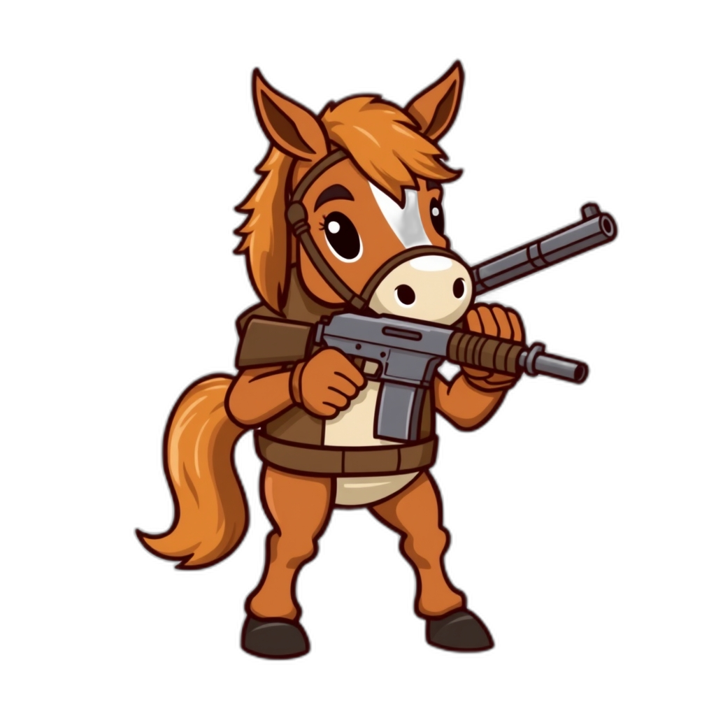 brown horse holding a gun
