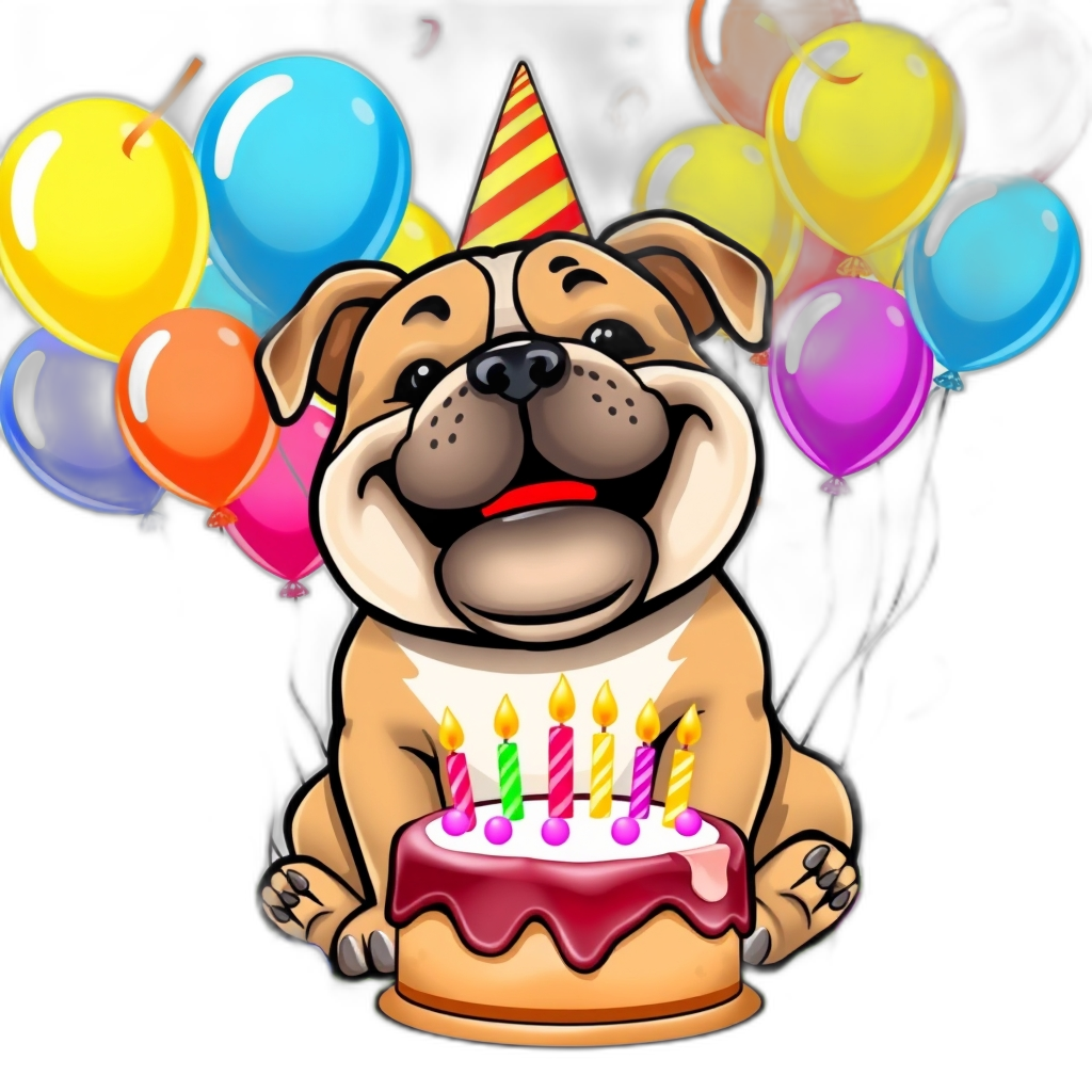  Create an illustration of a bulldog with a big smile on its face, sitting on a green grassy hill, surrounded by colorful balloons and confetti, celebrating a birthday party with a big cake in front of it.