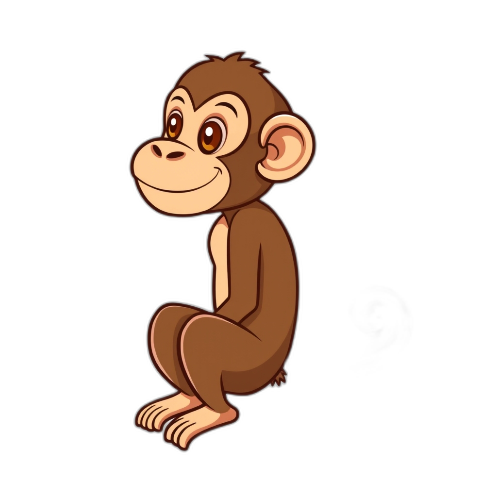 A monkey, a small primate with long limbs and tail for climbing trees. Generally depicted as a cartoon-styled, brown monkey with a cheeky facial expression, shown in full profile facing left, sitting on its hind legs with a long, curled tail and round ears.