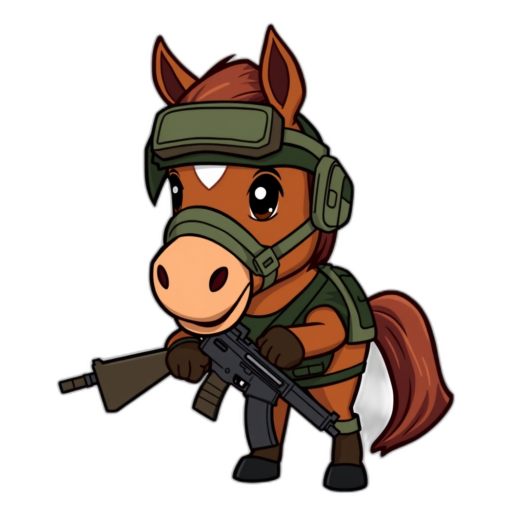 liverchestnut horse holding a gun wearing combat gear

