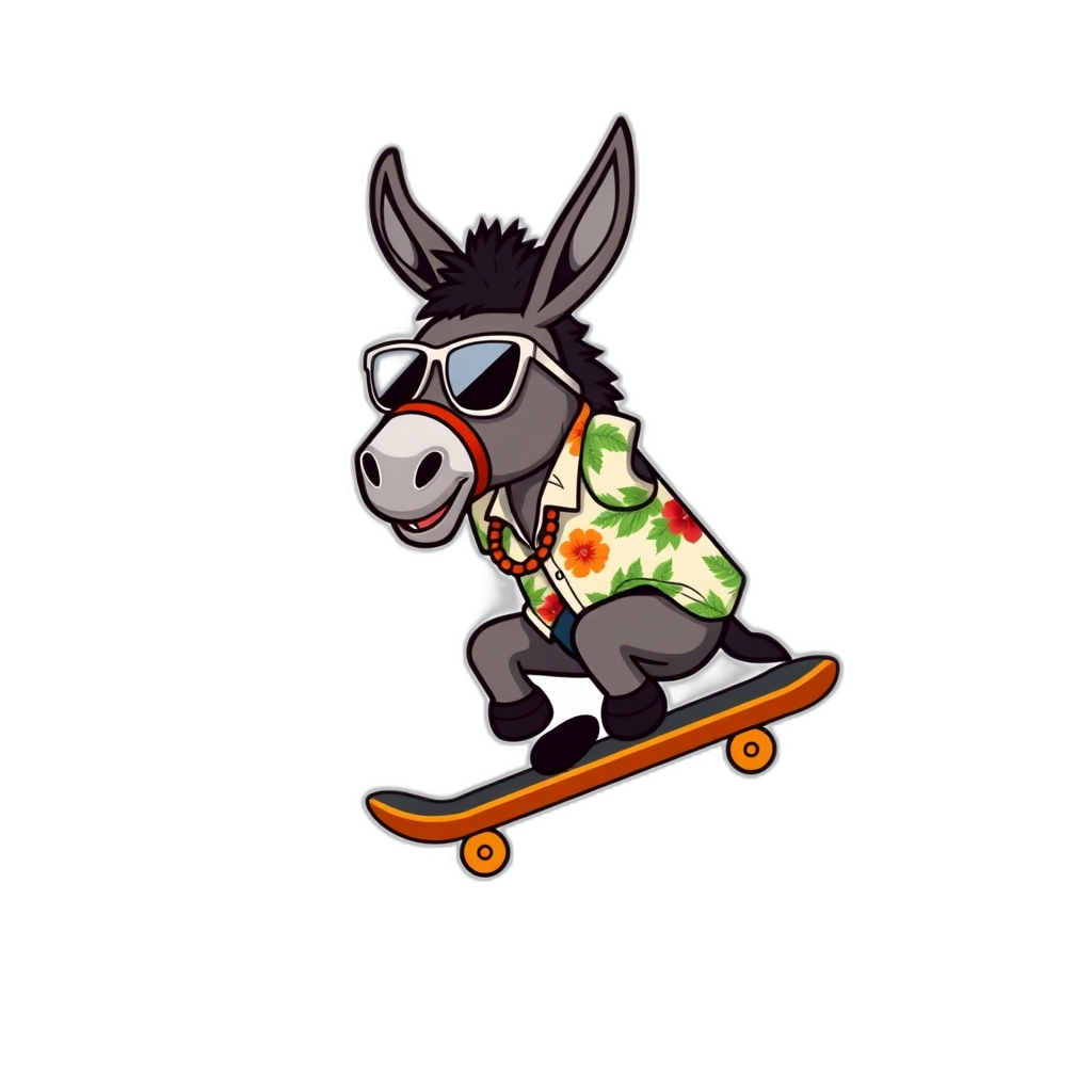  create an emoji prompt for a funny donkey wearing sunglasses and a Hawaiian shirt, riding a skateboard down a hill.