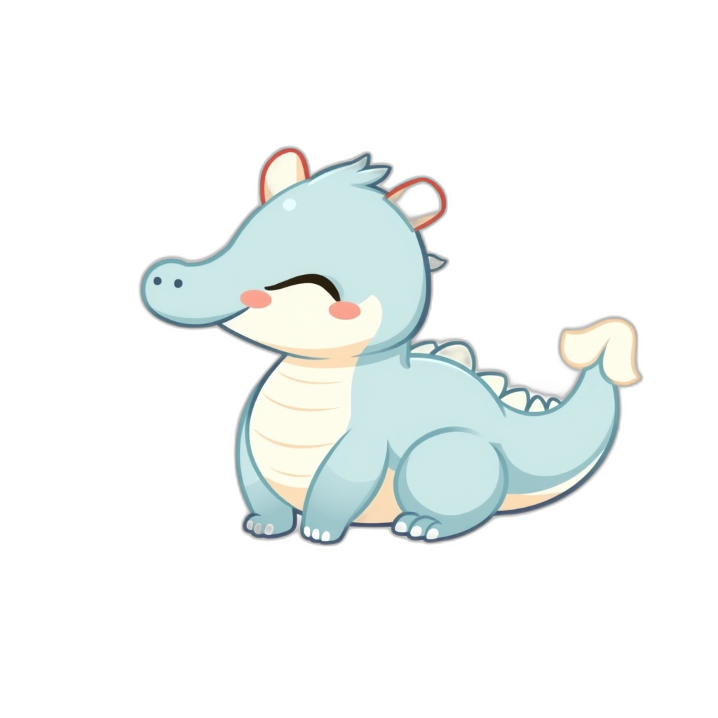 A chibi chubby asian dragon kawaii, pastel blue and white with clear lineart, emoji, white accents and pastel blue body, monochrome, fluffy, fur, fuzzy, 