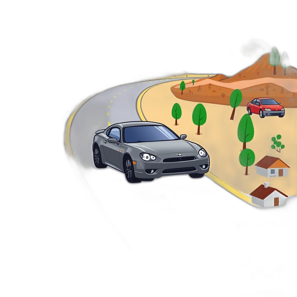 a car speeding down a desert highway, a car parked on a city street at sunset, a car driving through a mountain pass, a car stuck in traffic on a busy highway, a car abandoned in a junkyard, a car being washed at a car wash, a car driving on a rural country road, a car racing on a track, a car parked in a driveway with a suburban home, a car being towed by a tow truck,
