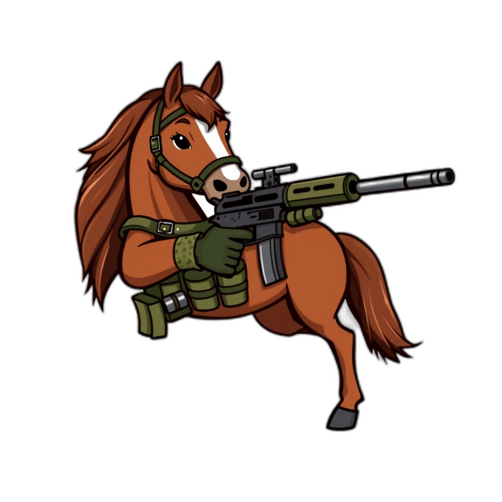 liverchestnut horse holding a pistol wearing combat gear

