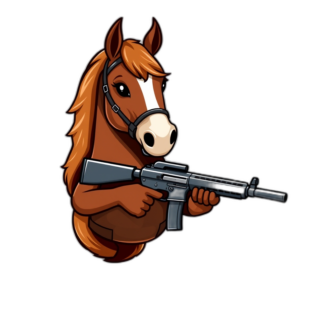 liverchestnut horse holding a gun
