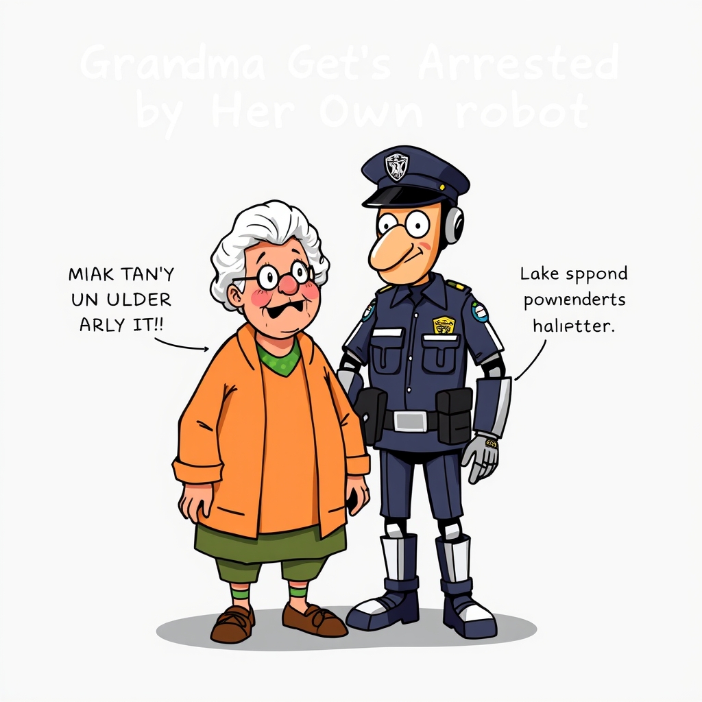 Image prompt,     I wanted to be very funny and hilarious. I wanted to be a one minute comedyGrandma Gets Arrested by Her Own Robot
    * Hook: “MA’AM, YOU’RE UNDER ARREST.”
    * Grandma: “For WHAT?”
    * Robot police officer: “You violated the smart-house rules.”
    * Grandma: “Boy, I AM the rules!” 😂