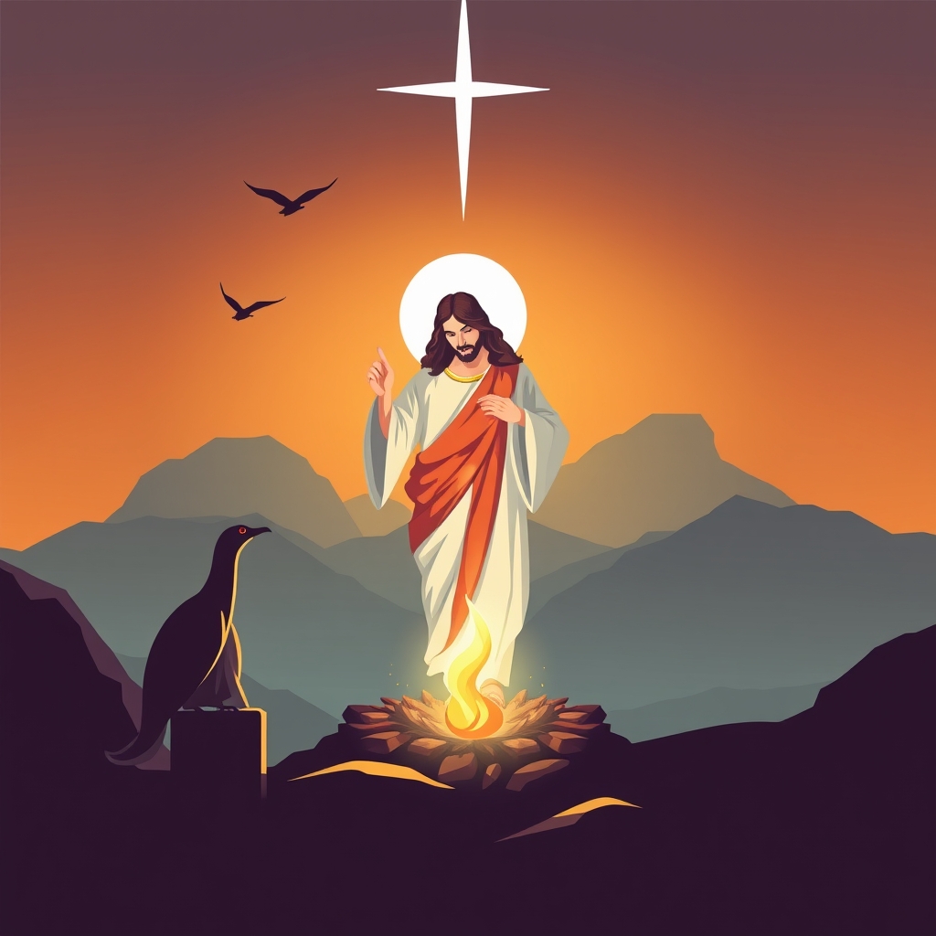 Image prompt, "Gambar yesus Kristus yang sedang mengangkat tangan kanannya, dengan jari-jari yang terlipat dalam doa, dan latar belakang yang gelap dengan bintang-bintang yang berkelap-kelip." 