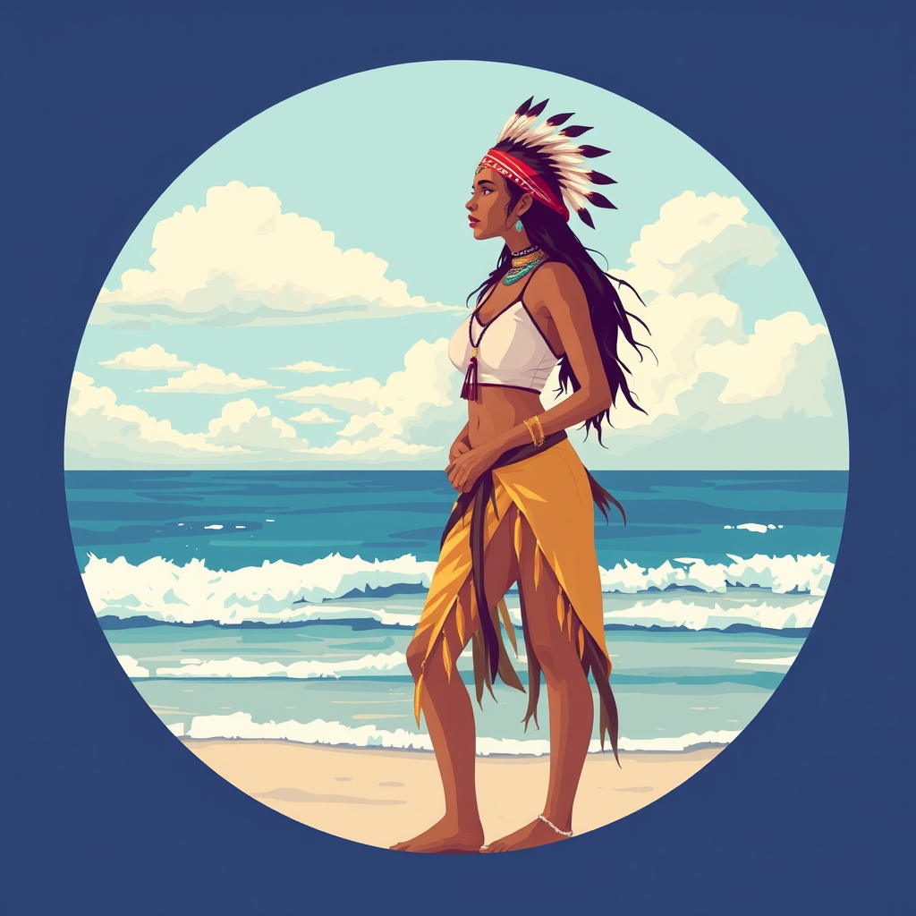 Image prompt, indian woman at the beach and she look at the see
