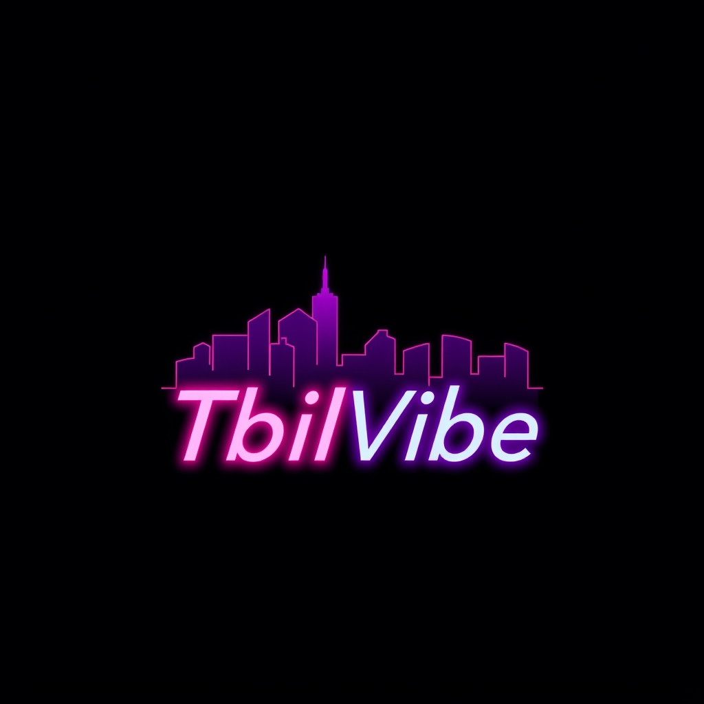 Image prompt, Unique modern logo for "TbilVibe", inspired by Tbilisi culture and nightlife vibe, minimal luxury style, abstract city skyline of Tbilisi, warm neon colors (purple, orange, pink), modern clean typography, stylish and eye-catching, premium brand identity, dark background