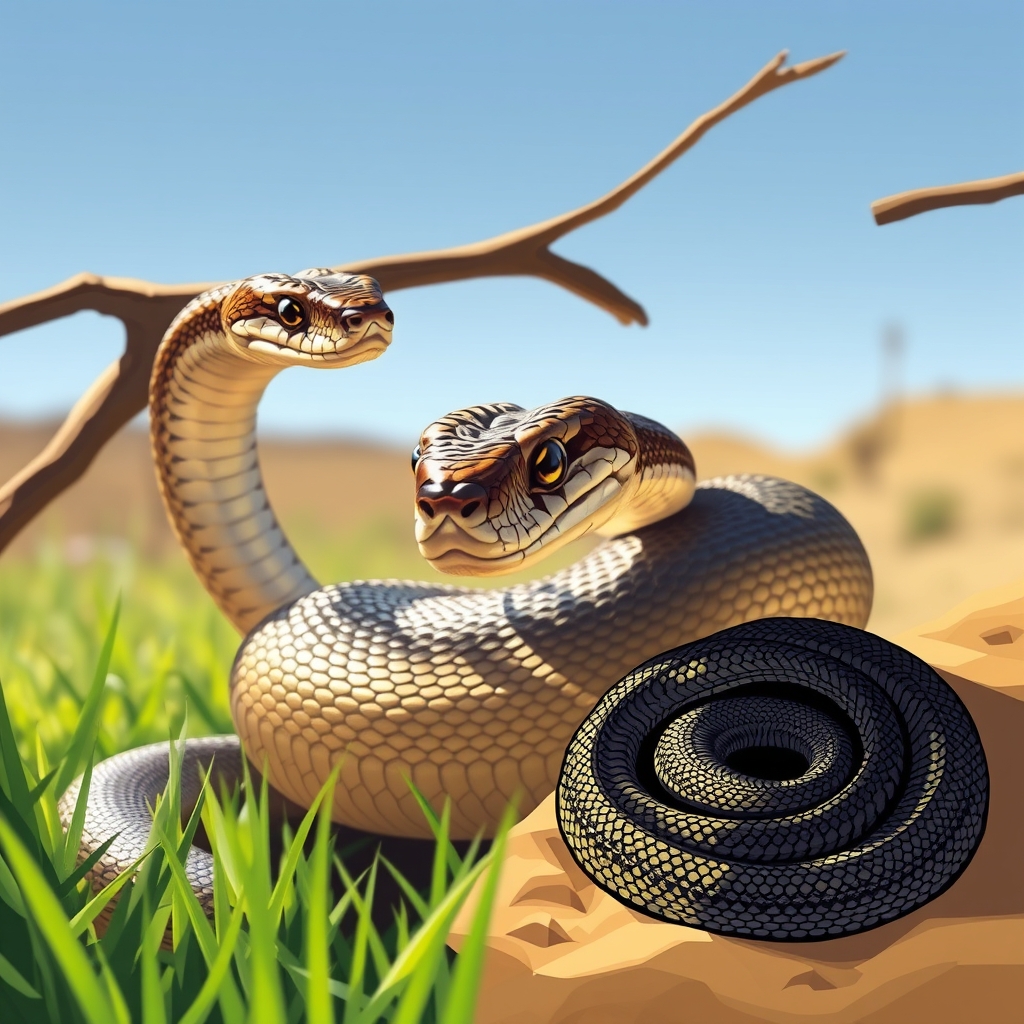 Image prompt,  "a snake slithers through the grass, its scaly body glistening in the sunlight, a snake coiled around a tree branch, its eyes gleaming with a piercing stare, a snake shedding its skin in a desert landscape, a snake curled up in a ball, its body covered in intricate patterns" 
