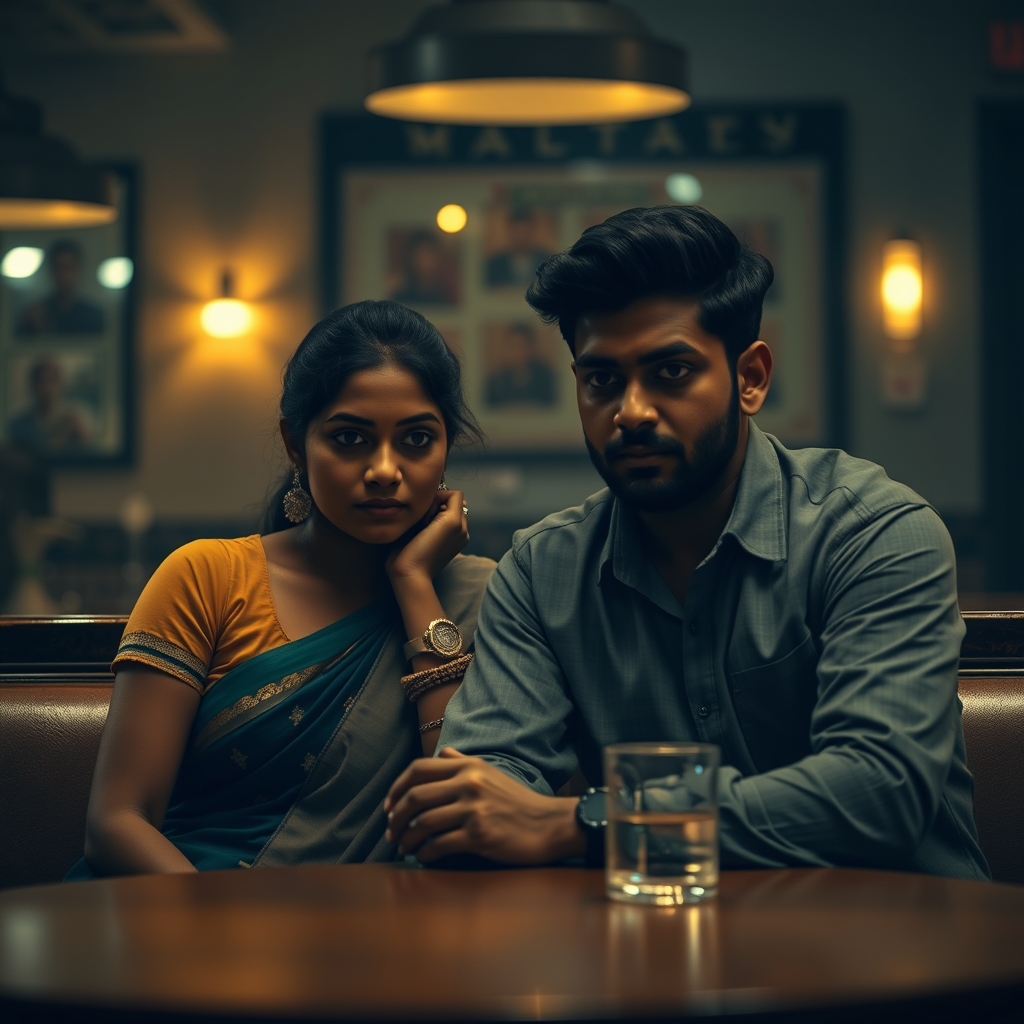 Image prompt, Cinematic mid-shot of a South Indian young man and woman sitting across a table in a dimly lit cafe. The woman (Meera) is weeping silently. The man (Akash) has a stern face but emotional eyes, hiding his pain. Soft golden ambient lighting, cinematic depth of field, photorealistic, 4k resolution, emotional atmosphere