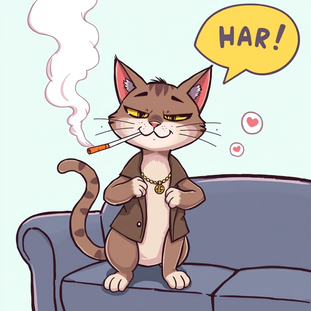 Image prompt,  
1. A whimsical illustration of a cartoon cat puffing on a cigarette with an air of superiority, set against a bright and colorful background.
2. A humorous cartoon of a cute cat smoking a cigarette with a sassy demeanor, surrounded by smoke rings and playful cartoon bubbles.
3. An adorable cartoon cat with a cigarette, looking very sassy and arrogant, posed in a confident and powerful stance.
4. A comical image of a funny cat smoking a cigarette with a smug look on its face, with exaggerated facial features and a cheeky grin.
5. An illustration of a sassy cat exhaling smoke with a haughty attitude, dressed in a stylish and fashionable outfit.
6. A cartoon image of a cat enjoying a cigarette with a smug and superior attitude, lounging on a plush and luxurious couch.
7. A cartoon cat smoking a cigarette with an arrogant expression, standing on its hind legs and striking a pose.
8. A funny illustration of a cat puffing on a cigarette with an air of superiority, surrounded by a halo of smoke and a confident gaze.
9. A cute and playful cartoon of a cat smoking a cigarette, looking very sassy and arrogant, with a mischievous tw