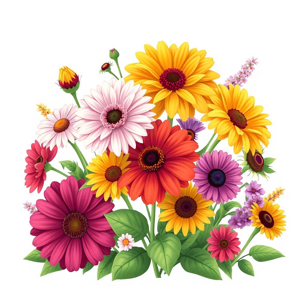 Image prompt, Please create a picture of Flowers, being: Dahlias, Marigolds, Petunias, Zinnias, Painted Daisies, Sunflowers, African Daisies, Coax combs, and butterfly bush. Animated please