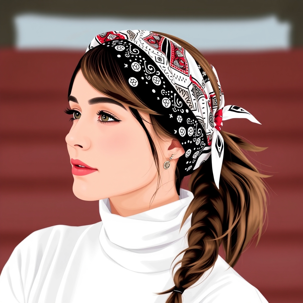 Image prompt, Prompt: Re-create this picture now with this aesthetic Goal: Eday, clean, and ultra-flattering. Because a bandana pulls the hair b 