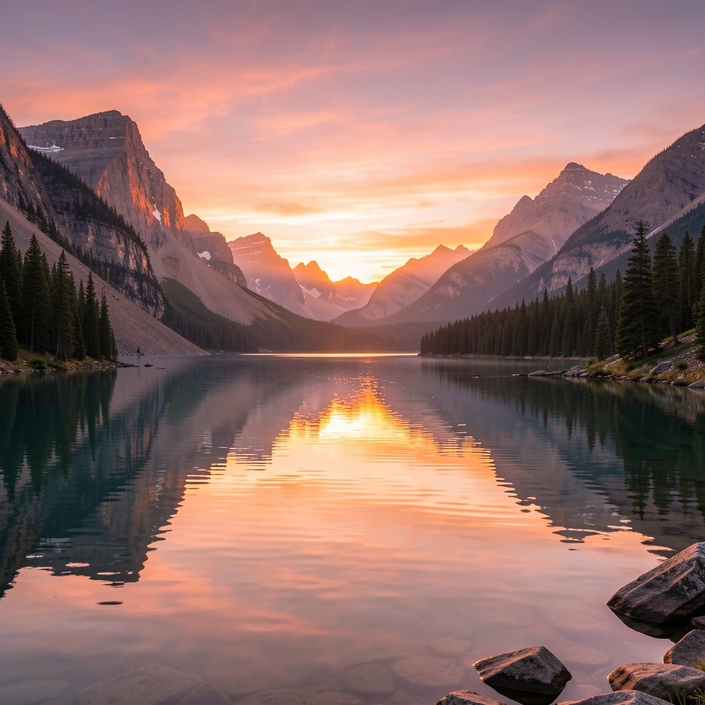 Image prompt, a serene mountain lake at sunset
