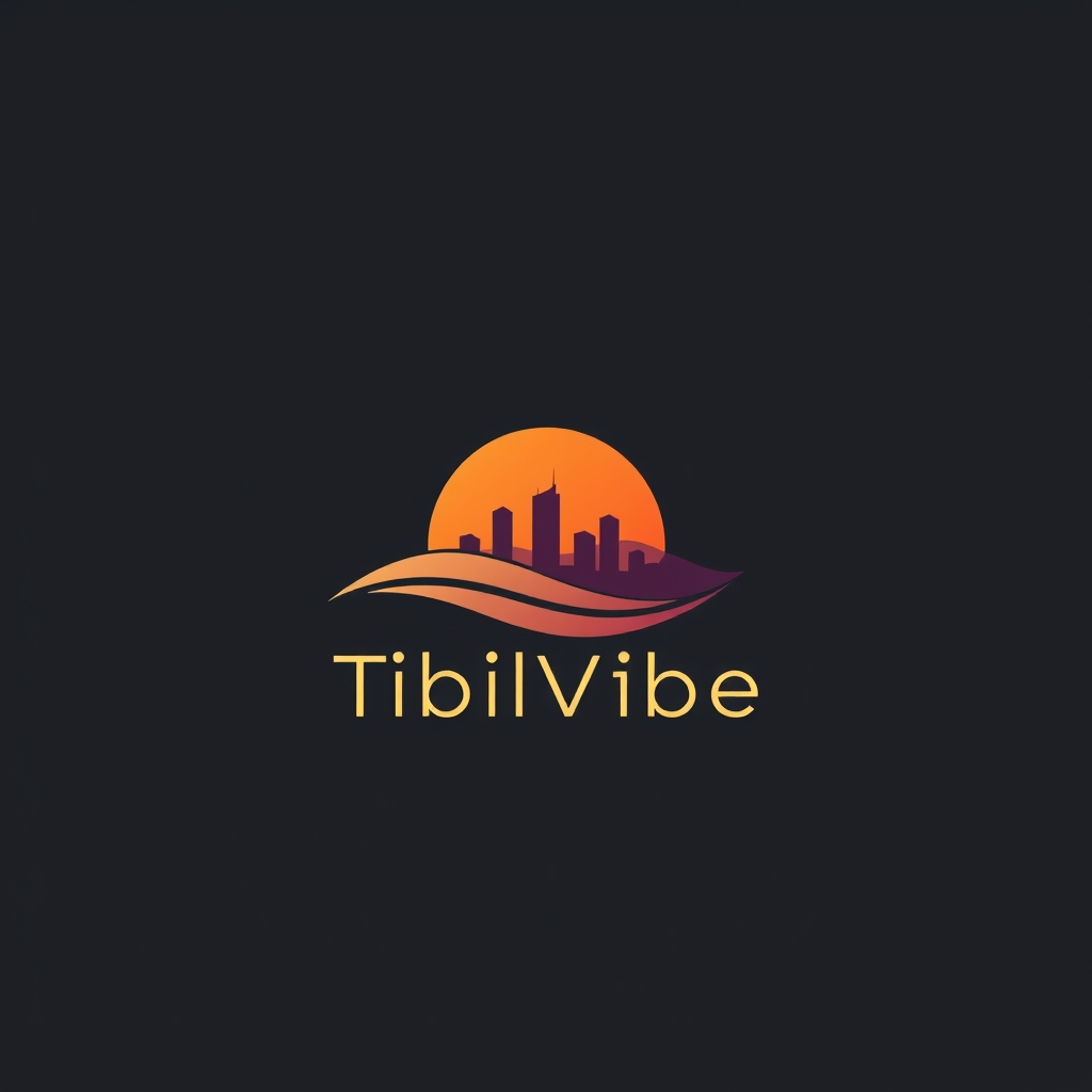 Image prompt, Elegant and unique logo for a brand called "TbilVibe", inspired by the modern vibe of Tbilisi city, minimal and stylish design, smooth geometric shapes, warm sunset colors (orange, purple, gold), subtle city skyline or abstract wave symbol, luxury and modern aesthetic, clean typography, dark background, high-end brand logo