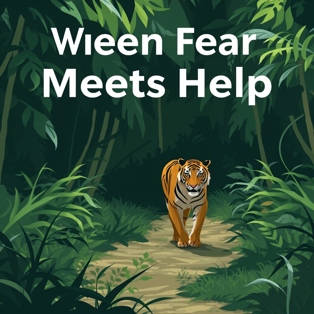 Image prompt, Blog Post Details:** - **Title:** "When Fear Meets Help: The Unexpected Encounter in the Jungle" - **Meta Description:** "Discover the heartwarming story of a man who cries after encountering a tiger while driving in the jungle, and how help arrives just in time." - **Subheadings:** 1. "The Journey Through the Jungle" 2. "A Roar in the Distance" 3. "Tears of Fear" 4. "The Heroic Rescue" 5. "A Lesson in Unexpected Help" - **Structure:** - **Introduction** (approx. 100-150 words): Set the scene for the story, describing the man's drive through the jungle. - **The Encounter** (approx. 150-200 words): Describe the moment the man sees the tiger and his reaction. - **The Emotional Response** (approx. 100-150 words): Explore why the man cries and the emotional impact of the encounter. - **The Rescue** (approx. 150-200 words): Introduce our hero who comes to the man's aid, and describe the rescue. - **Conclusion** (approx. 100-150 words