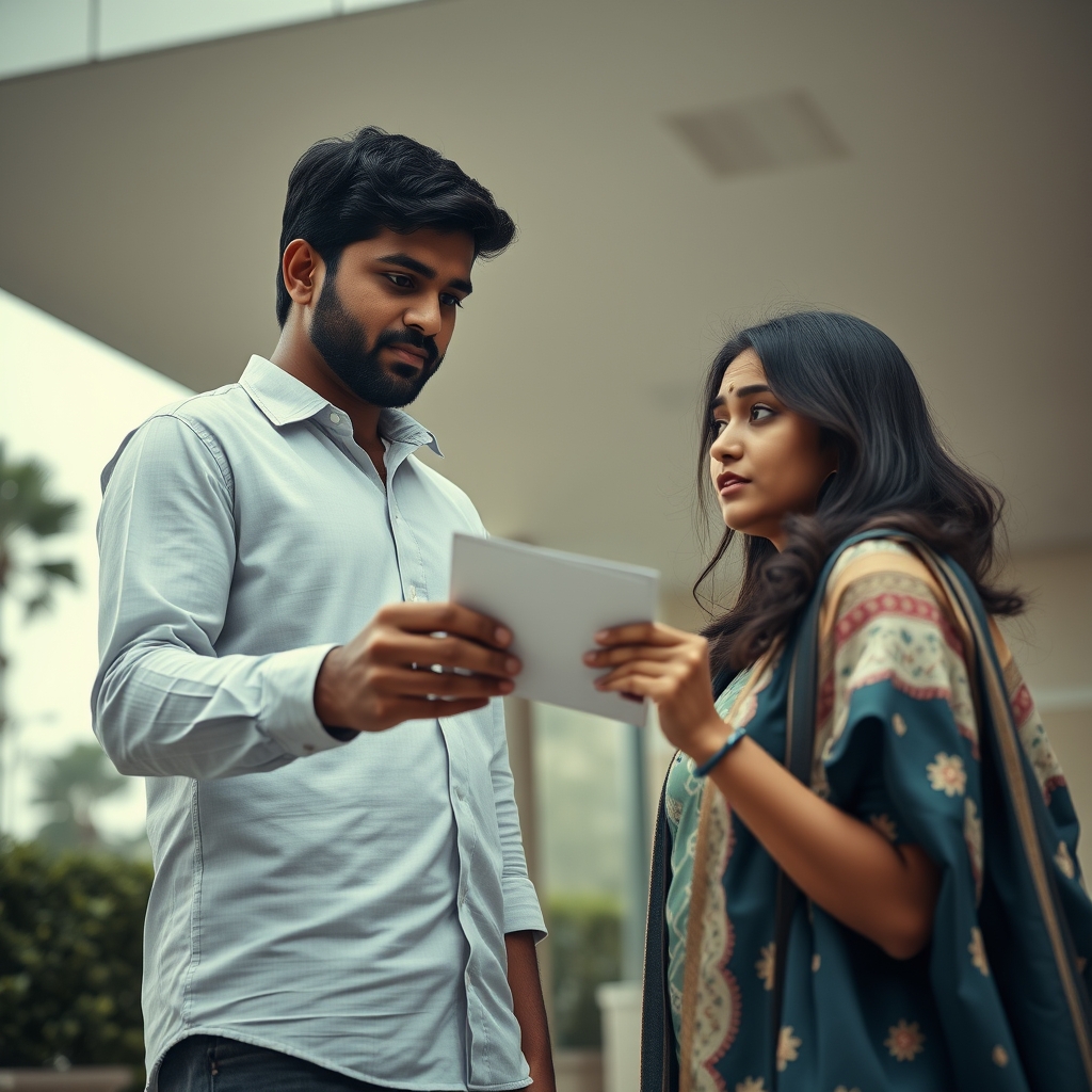 Image prompt, A cinematic over-the-shoulder shot outside a modern hospital. A young South Indian man (friend) handing over a medical report envelope to a shocked young woman (Meera). Overcast daylight, dramatic mood, photorealistic, highly detailed, cinematic colors