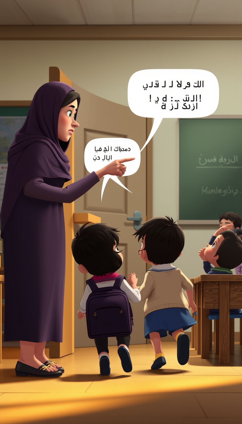 Image prompt, A cinematic animated scene of a mother preparing her little child for school in the morning. The child is late and quickly runs into the classroom. The teacher is angry and points toward the door while speaking in Kurdish Sorani: “بڕۆ دەرەوە، دوا کەوتیت!” The classroom looks realistic and emotional, with students watching quietly. The child looks nervous and embarrassed. Pixar-style animation, expressive faces, school atmosphere, high quality, detailed lighting.