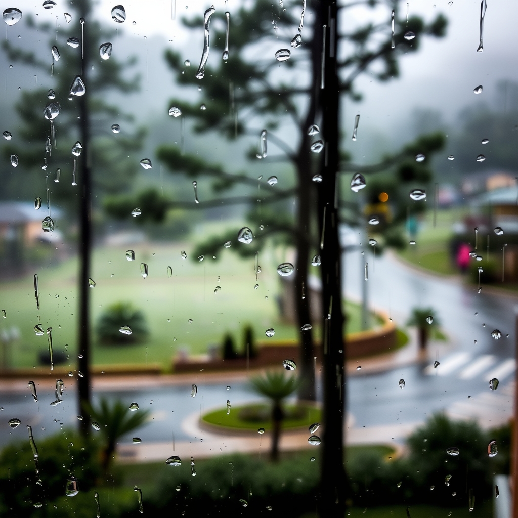 Image prompt, a serene landscape of a misty forest with a light rain falling gently, creating a calm and peaceful atmosphere a rainy day in a quiet neighborhood with empty streets, calm and still a close-up of raindrops on a windowpane, with a blurred view of a calm and serene outdoor scene a calm and peaceful rainy day in a mountain meadow, with wildflowers swaying gently in the rain a misty and calm rainy day in a secluded cove, with waves gently lapping against the shore a rainy and calm morning in a rural village, with mist rising from the rolling hills a peaceful and calm rainy day in a botanical garden, with raindrops glistening on leaves and flowers a calm and serene rainy day in a forest glade, with a small stream running gently through the center a rainy and calm evening in a cozy cabin, with a warm fire crackling in the fireplace a misty and calm rainy day in a desert landscape, with cacti and succulents standing tall in the rain

