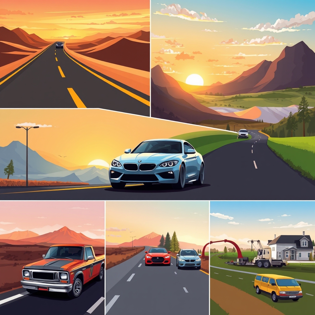 Image prompt, a car speeding down a desert highway, a car parked on a city street at sunset, a car driving through a mountain pass, a car stuck in traffic on a busy highway, a car abandoned in a junkyard, a car being washed at a car wash, a car driving on a rural country road, a car racing on a track, a car parked in a driveway with a suburban home, a car being towed by a tow truck,