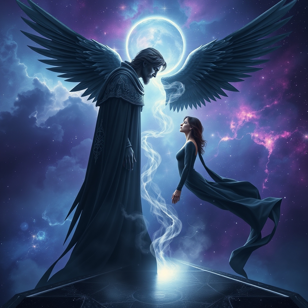 Image prompt, This Image has a realistic look.
A cosmic otherworldly tone.

A Nebula isn’t a gentle puff of cosmic dusk.
It’s Alive.
It lights up with, Dark purple clouds that swirls like a lovers breath.
Electric blues.
Pulsing around like a womb of beautiful bright cluster of stars.

The Fallen Angel. Tall dark ancient with large black wings, he materialize from A cloud of smoke and silver flames that entangles around him.
He wears a black cloak with ancient glyphs printed on it, trailing behind him like a storm refusing to be forgotten.

A woman with dark brown hair and a long black dress.
She’s standing on a galactic crystallin deck of Obsidian ship that sails 
through the stardust

The woman and the Fallen Angel stand face to face, pressing 
their foreheads together in a embracing love for each other