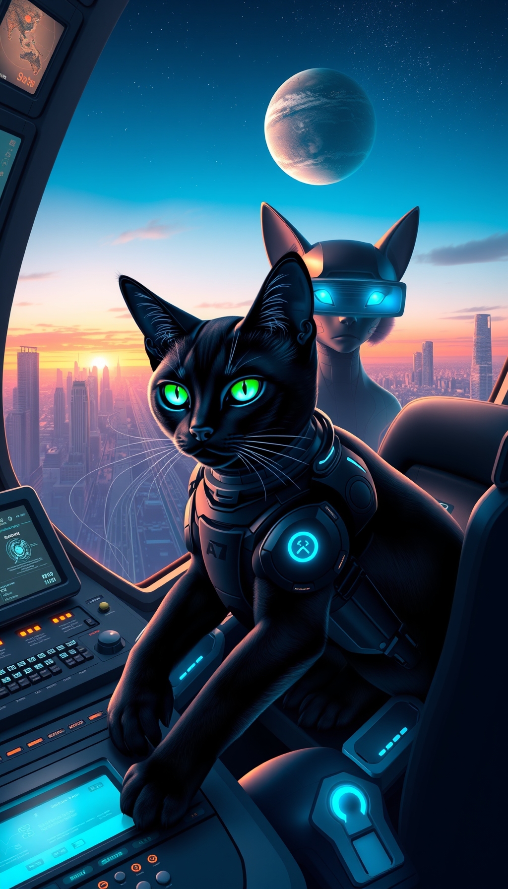 Image prompt,  a sleek black cat with neon green eyes sitting on a spaceship control panel, surrounded by futuristic screens and buttons, with a galaxy landscape visible through the cockpit window 
       a futuristic cityscape at sunset with a giant cat statue in the center, its eyes glowing bright blue 
       a cat in a spacesuit, floating in zero gravity, with a distant planet visible through a spaceship window 
       a robotic cat with glowing blue circuits, sitting on a desk in a high-tech laboratory 
       a cat with a virtual reality headset on, sitting in a futuristic living room with a cityscape visible through the window 
       a cat sitting on a holographic console, surrounded by swirling data visualizations and futuristic graphics 
       a cat in a driverless car, looking out at a futuristic highway with towering skyscrapers and flying cars zipping by 
       a cat with a cybernetic eye implant, sitting on a windowsill with a futuristic cityscape at night 
       a cat controlling a giant robot, with a cityscape in ruins in the background 
       a cat in a astronaut suit, standing on the surface of a distant planet, with a spaceship in the background
