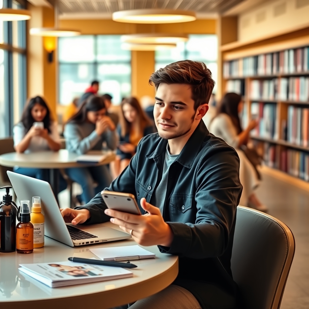 Image prompt, Imagen de un estudiante universitario sentado en una mesa con una laptop y un teléfono, rodeado de productos de moda y belleza, con una expresión pensativa mientras mira una publicación de un influencer en su teléfono." 2. "Fotografía de un grupo de estudiantes universitarios reunidos en una cafetería, todos mirando sus teléfonos y sonriendo mientras ven una publicación de un influencer de moda en una pantalla." 3. "Estudiante universitario en una biblioteca, rodeado de libros y apuntes, con un teléfono en la mano y una expresión de sorpresa mientras ve una publicación de un influencer sobre un nuevo producto tecnológico." 4. "Imagen de un estudiante universitario caminando por el campus, con un teléfono en la mano y una mochila llena de productos de marca, mientras mira una publicación de un influencer sobre una nueva tendencia." 5. "Fotografía de un estudiante universitario en su habitación, con una laptop y un teléfono sobre su escritorio, mientras busca productos en línea influenciados por una publicación de un influencer en las redes sociales.