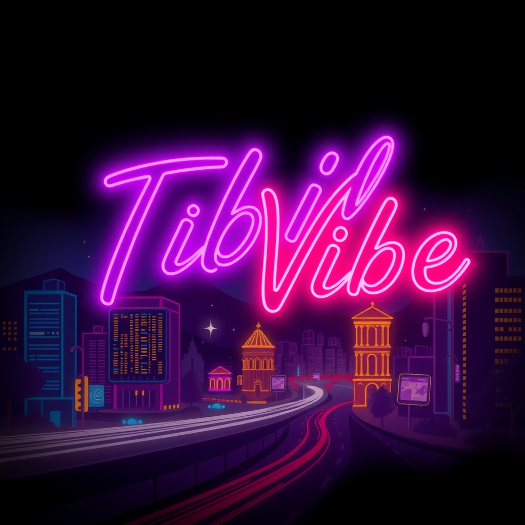 Image prompt, Original neon style logo for "TbilVibe", organic flowing script typography, glowing neon sign effect, vibrant purple, pink and orange colors, artistic illustrated background inspired by Tbilisi nightlife and city skyline, modern urban aesthetic, stylish and unique, dark background, cinematic lighting, premium brand identity