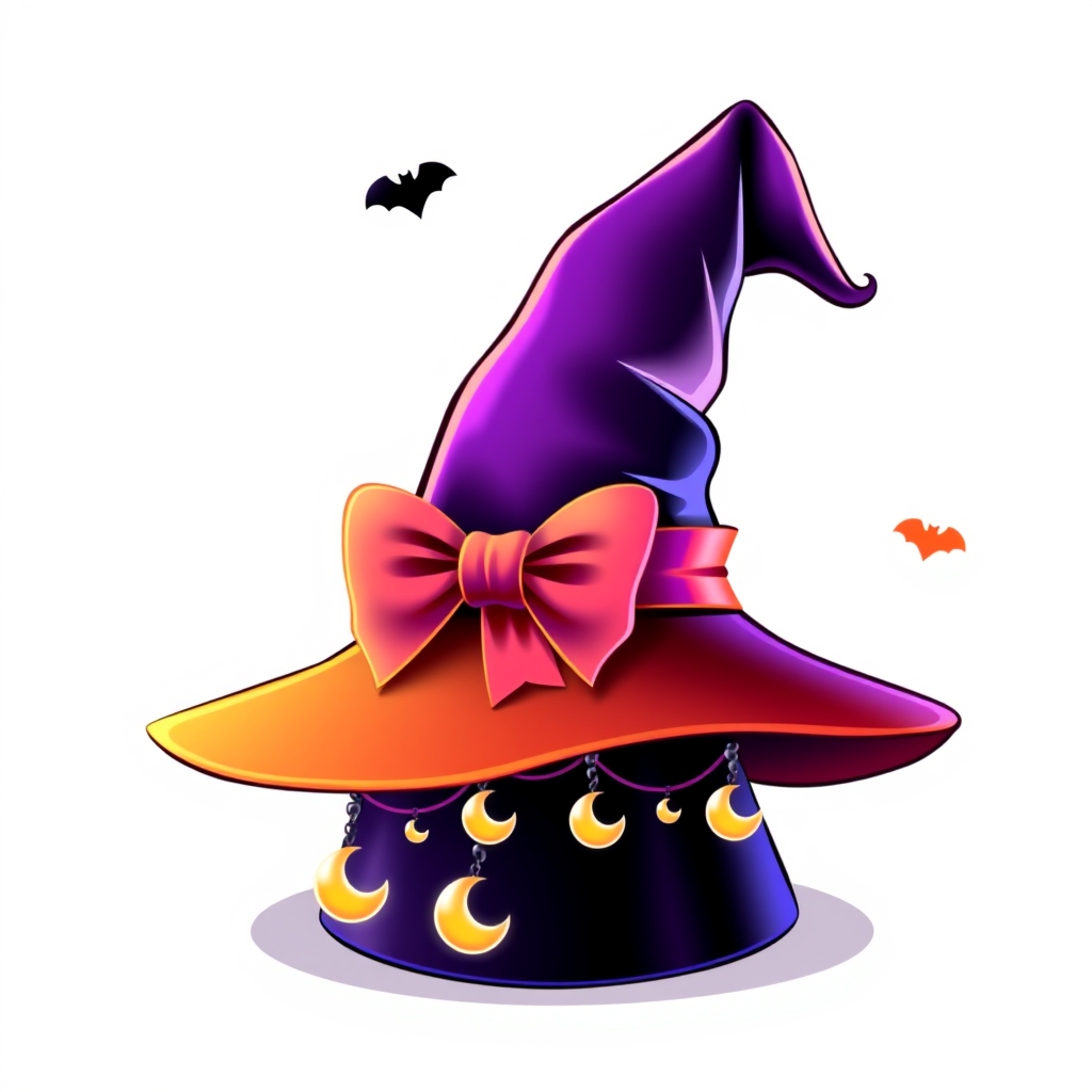Image prompt, a vibrant, digital illustration of a colorful witch hat with a ribbon bow and dangling moon charms accented with soft gradients on a plain white background
