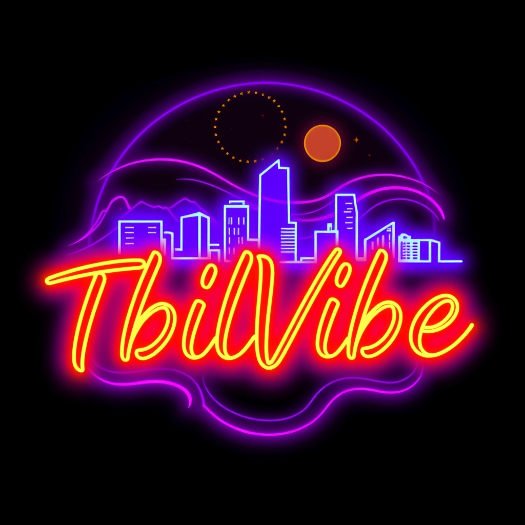 Image prompt, Unique and original neon logo for "TbilVibe", organic handwritten typography, glowing neon letters, vibrant purple and orange neon colors, artistic illustration in the background inspired by Tbilisi city vibe, abstract city skyline and flowing shapes, modern nightlife aesthetic, stylish and eye-catching, dark background, premium brand logo, highly detailed