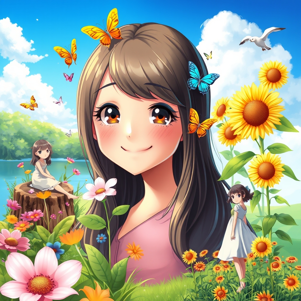 Image prompt,  "A close-up of a smiling T.T with sparkling eyes, surrounded by vibrant flowers and lush greenery, with a few butterflies fluttering around her head." 
"A portrait of T.T sitting on a tree stump, wearing a flowing white dress, with a gentle breeze rustling her hair, and a serene lake in the background." 
"A whimsical illustration of T.T standing in a field of tall sunflowers, with a bright blue sky and fluffy white clouds, and a few birds flying overhead.