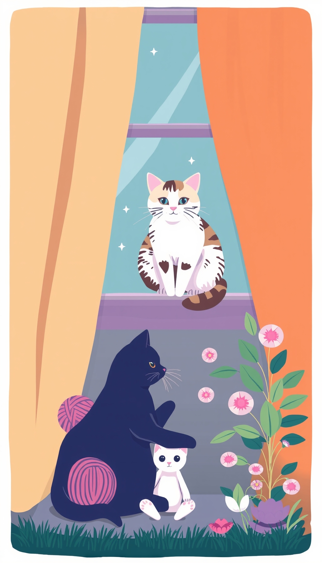 Image prompt,  a curious cat peeking out from behind a curtain, 
       a cat sitting on a windowsill, 
       a cat curled up in a cozy ball on a soft cushion, 
       a playful cat chasing a ball of yarn, 
       a serene cat meditating in a peaceful garden
