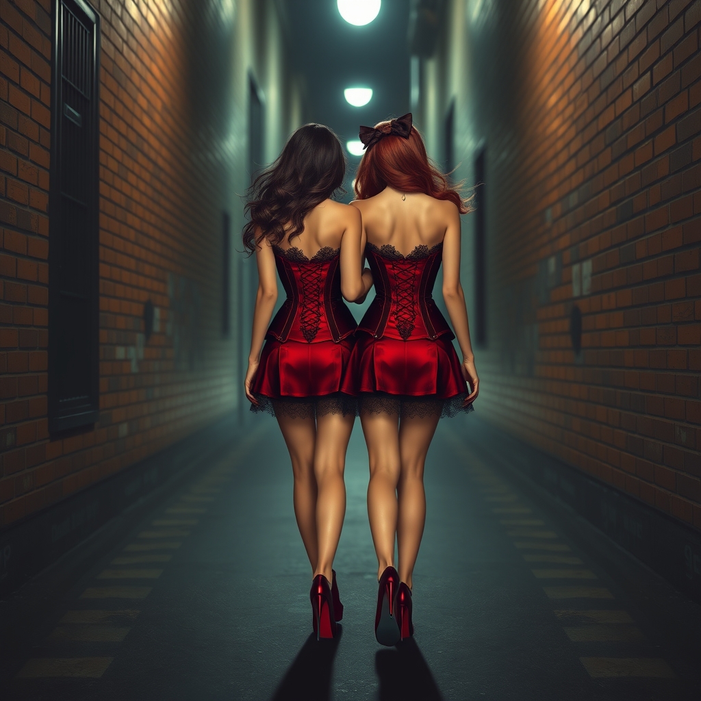Image prompt, 
"Two young twin women in deep red corsets with lace accents and micro mini skirts, walking down a dimly lit alleyway, their heels clicking on the pavement
