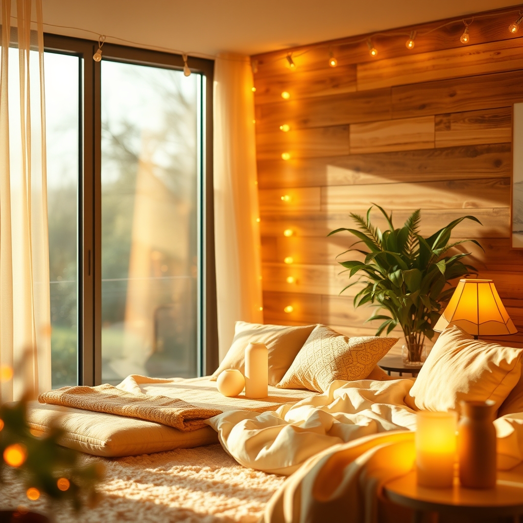 Image prompt,  "Create an image with a warm and inviting golden glow theme, featuring soft, gentle lighting and a cozy atmosphere, perfect for evoking feelings of comfort and relaxation." 
 "Design a serene and peaceful scene with a golden glow theme, incorporating warm colors and soft textures to create a sense of tranquility and calmness." 
 "Generate an image that captures the essence of a golden glow theme, with a focus on warm, sunny tones and a cozy ambiance that invites the viewer to unwind and relax." 
 "Produce a visually appealing image with a golden glow theme, characterized by soft, golden light and a soothing atmosphere that promotes feelings of serenity and peacefulness." 
 "Envision a golden glow theme image that exudes warmth and comfort, featuring a soft, inviting light and a calming environment that encourages relaxation and tranquility.