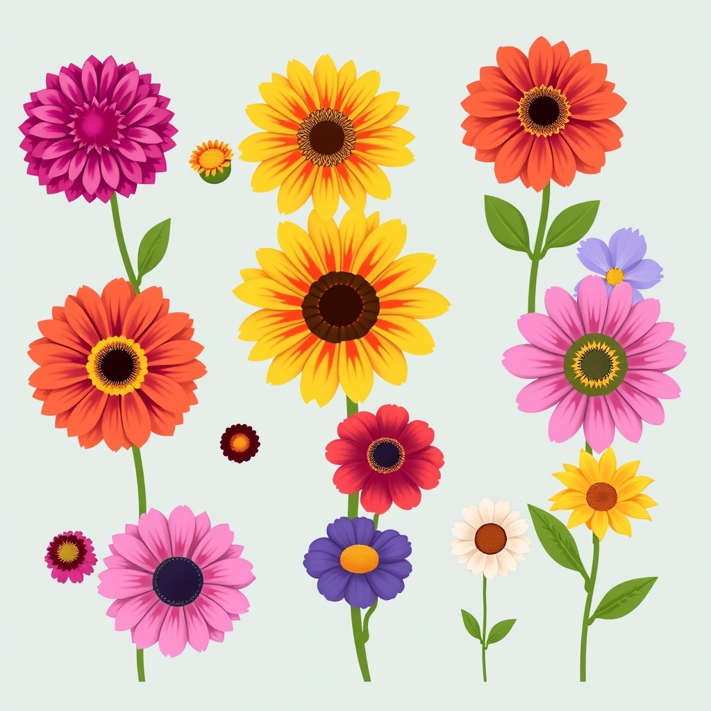 Image prompt, Please create a picture of Flowers, being: Dahlias, Marigolds, Petunias, Zinnias, Painted Daisies, Sunflowers, African Daisies, Coax combs, and butterfly bush. As cartoon characters 