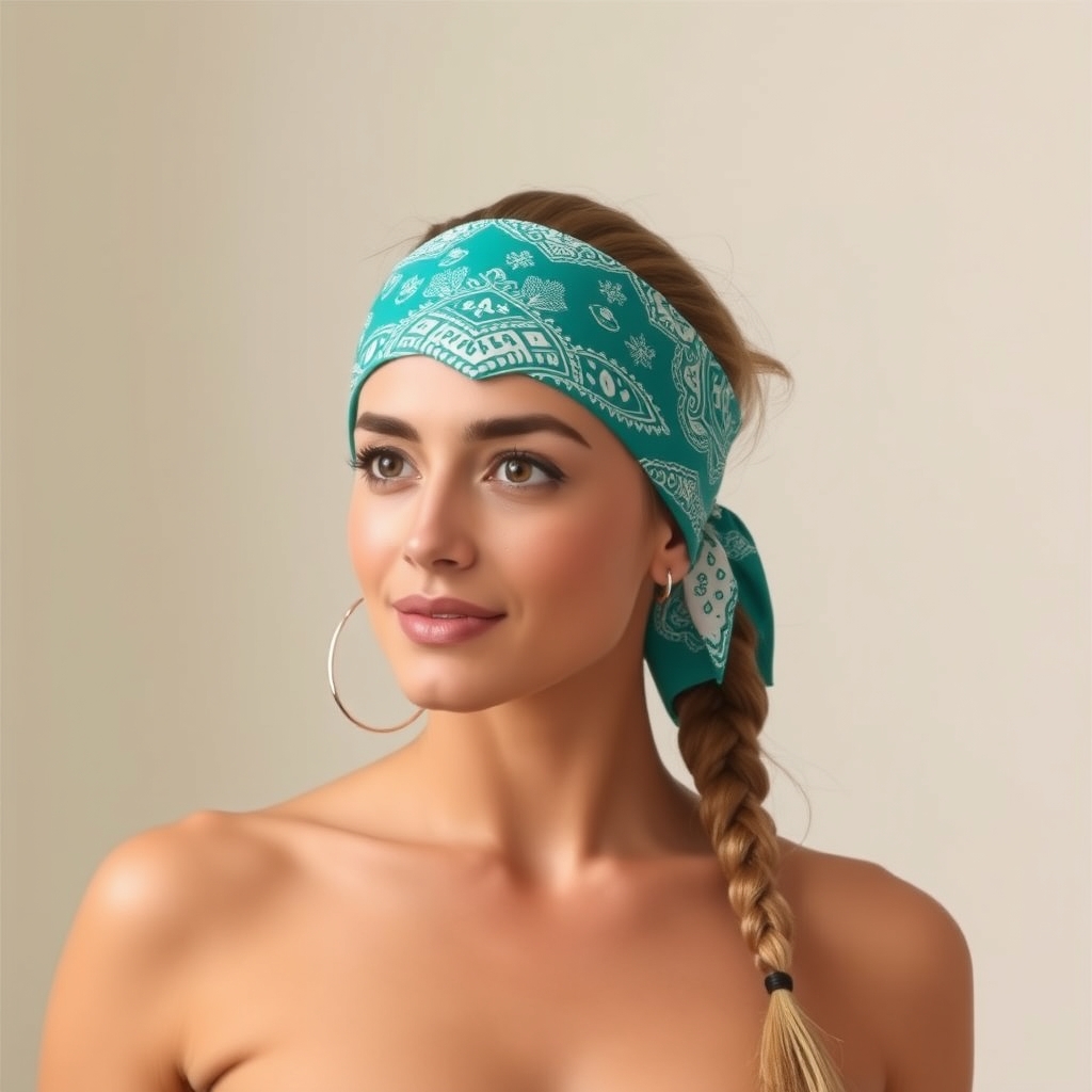 Image prompt, Prompt: Re-create this picture now with this aesthetic Goal: Eday, clean, and ultra-flattering. Because a bandana pulls the hair b 