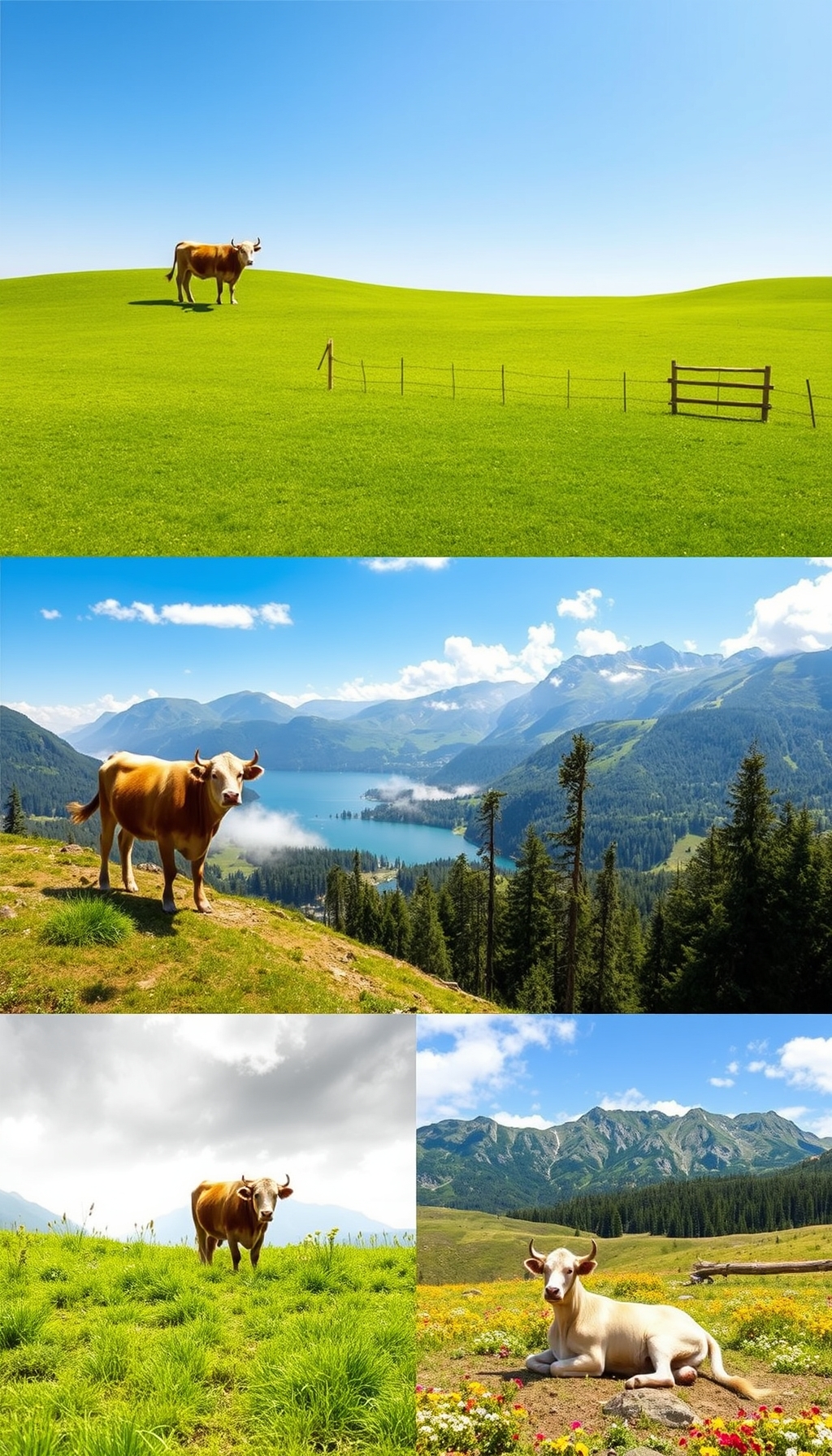 Image prompt, a cattle standing alone in a vast green meadow, with a few trees scattered in the background, under a clear blue sky
       "a cattle grazing in a lush green field with a wooden fence in the distance, under a sunny sky" 
       "a cattle sitting on a rocky hillside, overlooking a serene lake in the valley below, under a misty morning sky" 
       "a cattle walking along a dirt path, surrounded by tall trees and dense foliage, under a cloudy sky" 
       "a cattle lying in a patch of colorful wildflowers, with a mountain range in the background, under a bright sunny sky