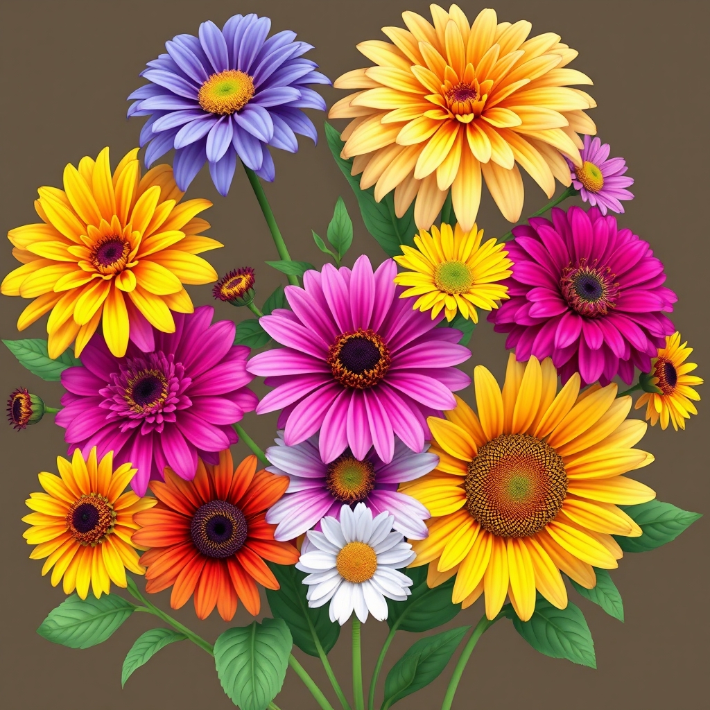 Image prompt, Please create a picture of Flowers, being: Dahlias, Marigolds, Petunias, Zinnias, Painted Daisies, Sunflowers, African Daisies, Coax combs, and butterfly bush. With faces please 