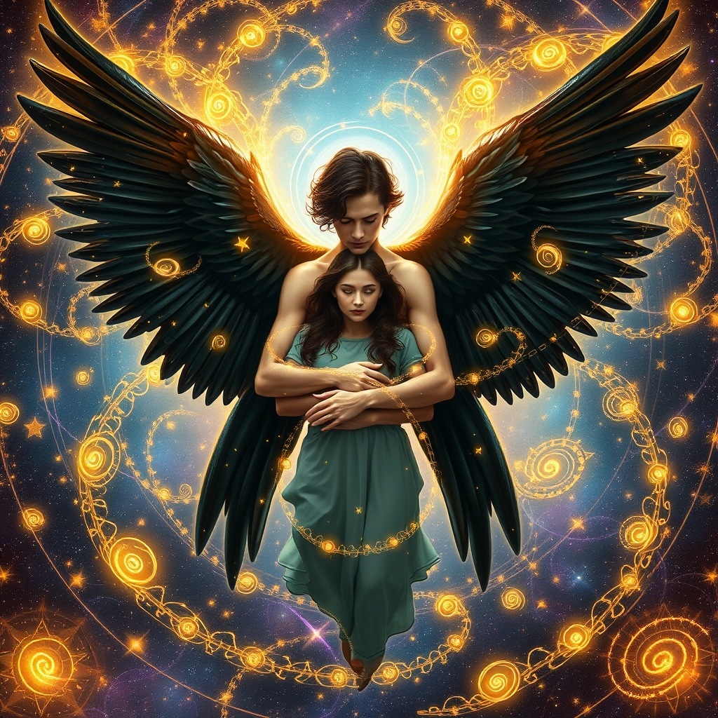 Image prompt, A celestial human male angel with black wings, holding a woman with dark brown hair directly in front of his body. His wings are wrapped downwards around her body, creating a hugging effect, with him tucked inside the wings, shielding and protecting her. They are floating in a vibrant cosmic galaxy void, surrounded by a pattern of luminous energy swirling around them, glowing with cosmic colors. An endless stream of multiple different shapes and patterns of yellow and white glowing spirals of cosmic stars streams all around the bodies of the angel and woman, wrapping within and around their heads, their hands, around their arms in various shapes around each body and his wings